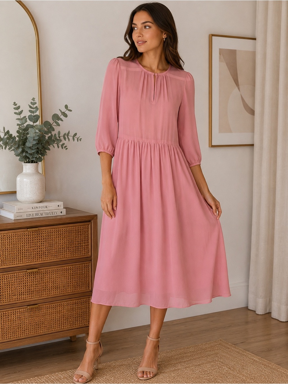 Blush Pink Midi Dress with 3/4 Sleeves Size M Boho Cottagecore Feminine - Picture 1 of 11